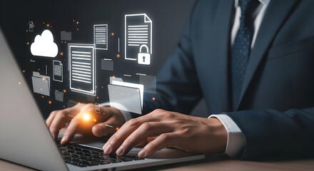 Digital information flows around hands typing on a laptop, illustrating secure data management and cloud technology.