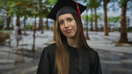 Young hispanic woman in mortarboard and graduation gown smiling under green trees in park;...