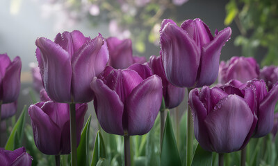 Closeup purple tulips in garden