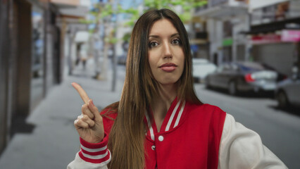 Hispanic woman in red uniform points finger on street in front of building; confidence empowerment...