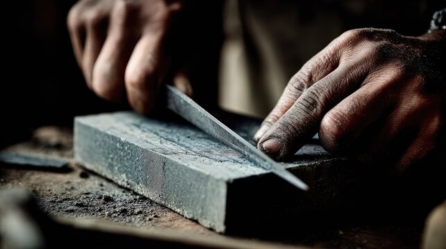 Close-up of hands sharpening a file