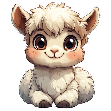 Cute cartoon-style alpacca sticker with big expressive eyes, isolated on white background