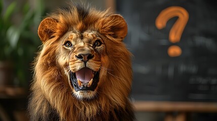 Majestic lion with an alert expression and exclamation above its mane