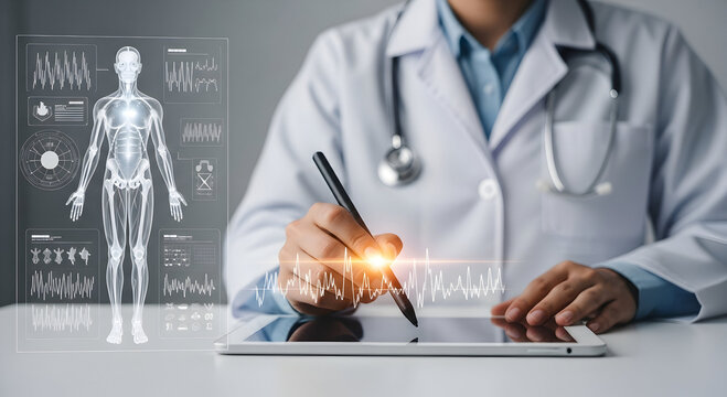 Healthcare professional analyzes intricate human body data on a futuristic digital interface with a stylus. - Powered by Adobe