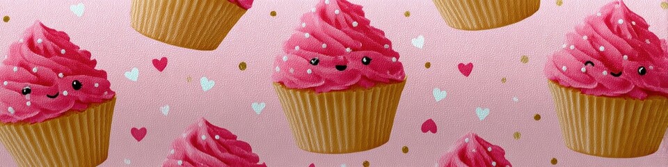romantic cupcake pattern, a repeatable seamless design with adorable cupcake characters, pink frosting swirls, and pastel colors creates a romantic atmosphere ideal for bakery merchandise