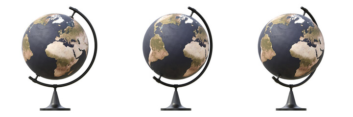 Set of table world globe model isolated on background. Copy space template. Education, cartography, countries and world political map, international business concept.