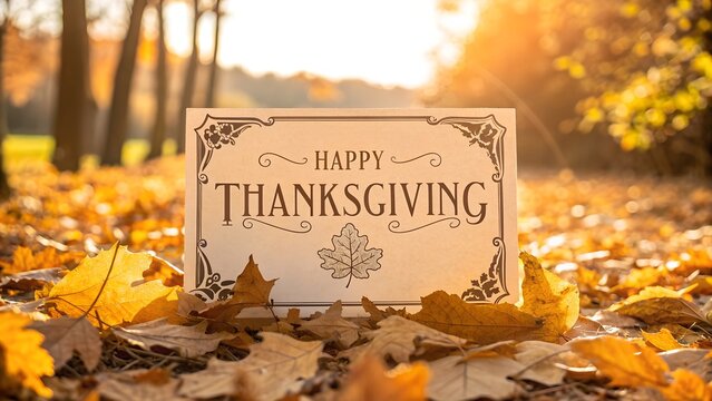 Happy Thanksgiving greeting card with autumn leaves in a park setting