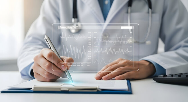Healthcare expert reviews vital signs and medical records using innovative digital interface.