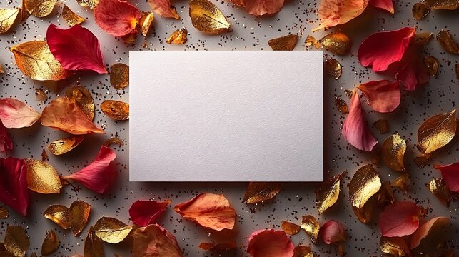 A blank white card surrounded by vibrant autumn petals and leaves  long title A blank white card resting on a backdrop of colorful golden hued autumn
