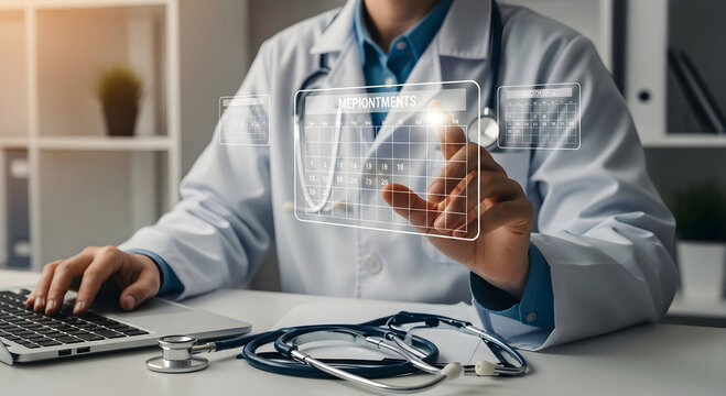 Medical professional efficiently manages patient schedules using advanced virtual calendar technology.