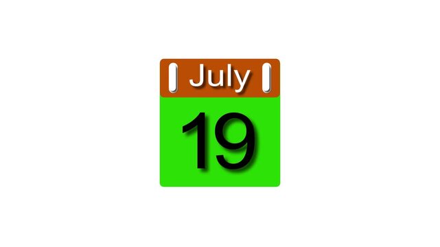 4K calendar animation July 19 date 2025 animation. clock and black background clean and stunning 4k animation.