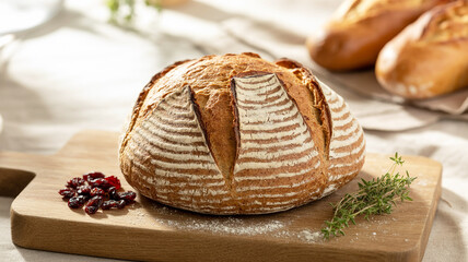 A professional food photography shot of artisanal sourdough bread on a rustic wooden cutting board