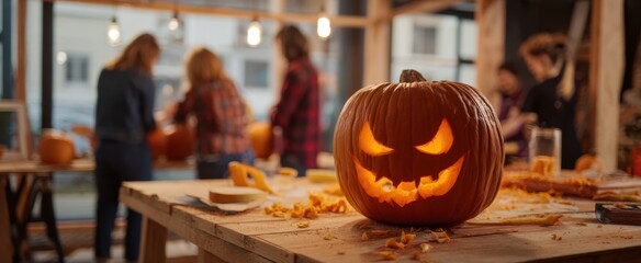 The glowing pumpkin adds charm to a lively Halloween carving workshop.