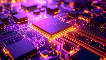 Obraz premium Glowing Purple and Orange Circuit Board with Microchip