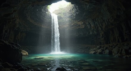 Breathtaking waterfall plunges into a turquoise pool within a dark cave, illuminated by sunlight streaming through an opening above.