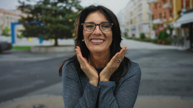 Middle aged woman with black glasses covers her mouth with both hands on street in a city square; happiness.