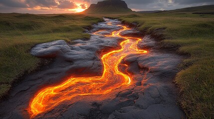 Glowing lava river flowing through green field at sunset

