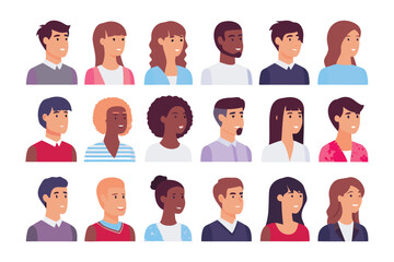 Diverse Faces: A diverse collection of individual profile portraits showcases a spectrum of human diversity, representing individuality and variety.