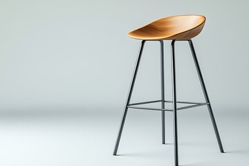 Isolated Modern Bar Stool with Wooden Seat and Metal Legs