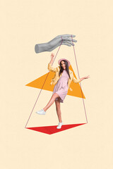 Poster trend collage of person stand under human hand control ropes on background
