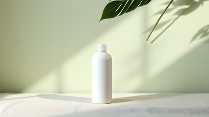White cosmetic bottle on fabric with natural light and plant shadows, minimalist beauty product shot.