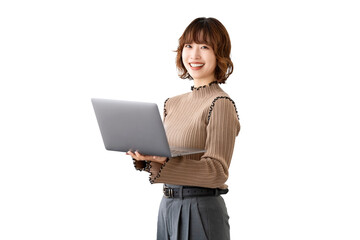 パソコンを持つ女性・ビジネスウーマン（背景透過PNG）