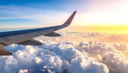 Obraz premium Airplane wing over clouds at sunrise