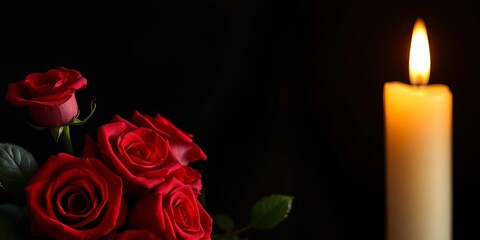 Fototapeta premium Crimson roses & flickering candlelight against deep ebony backdrop, still life, soft light