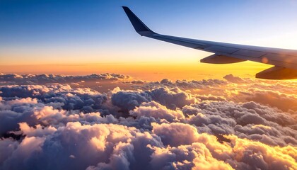 Fototapeta premium Airplane wing over sunset clouds (1)