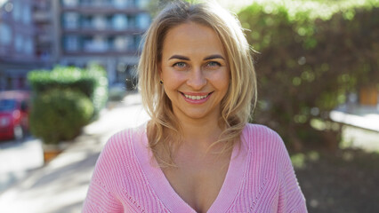 Woman smiling in sunshine at urban park with blonde hair in casual sweater showing youthful energy...