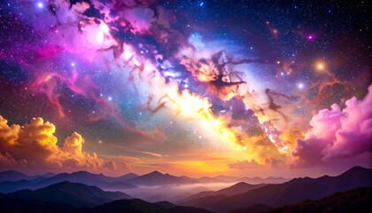 Cosmic sunrise over misty mountains
