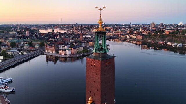 Stockholm downtown aerial view at sunrise, Stockholm is the capital of Sweden, Swedish city of Stockholm drone shot, Scandinavian city of Stockholm