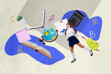 Exclusive image full photo collage of happy small schoolgirl walk education supplies sticker book...