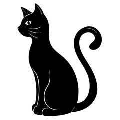 Black cat sitting curled tail silhouette white background