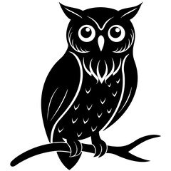 Black owl perched on branch white