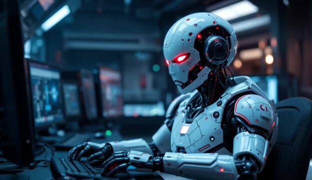 Futuristic robot with red glowing eyes and accents in a dimly lit room with computer screens. The robot is white with black and red details operating tech.