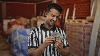 Young man wearing a referee shirt counts us dollars inside an indoor construction site, showcasing...