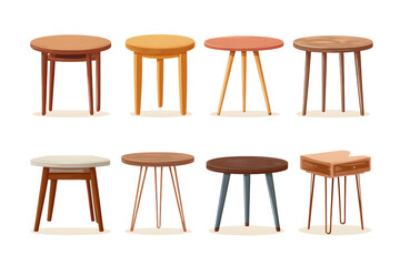 A set of tables in different styles and shapes on a transparent background