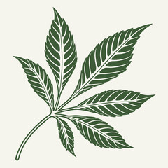 Detailed illustration of a lush green cannabis leaf with intricate leaf structure and vibrant color highlighting natural botanical features for
