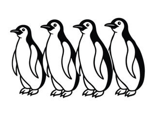 Fototapeta premium Four cute cartoon penguins standing together in a row isolated on white background 