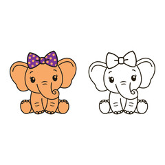 Cute cartoon elephant with a purple polka dot bow on its head and a coloring outline
