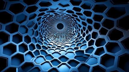 Blue futuristic honeycomb tunnel converging to central point

