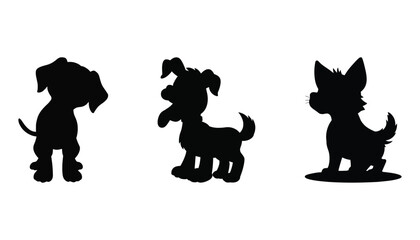 Three adorable black puppy silhouettes in different poses on white background