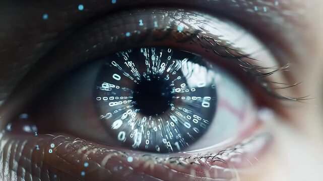 Digital data reflected in eye; close-up; binary code background; tech concept