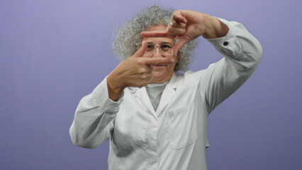 Elderly woman with grey hair and glasses frames a gesture with her fingers against a purple...
