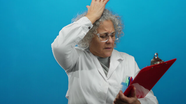 Woman scientist gray hair examines clipboard isolated against blue wall wearing lab coat and safety glasses, showcasing focus and senior expertise in a laboratory setting. - Powered by Adobe