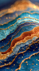 Close-up of textured topographic layers with rich blue and teal shades, adorned by scattered golden glitter particles