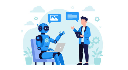 A modern flat illustration shows a human and a friendly robot collaborating and communicating, representing AI and technology in a clean, abstract digital environment.
