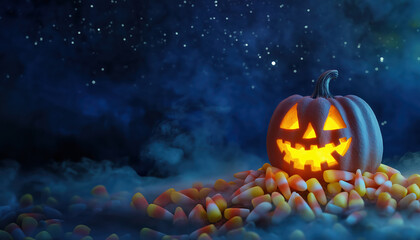 Jack-o-lantern glowing orange in a pile of candy corn under a dark, starry night sky with mystical fog for Halloween.