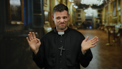 Man wearing a priest outfit gestures indoors at a museum setting with art displays under warm...